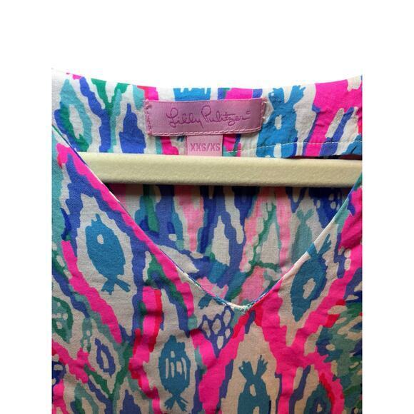 Lilly Pulitzer Women XS Top Tunic‎ Short Sleeve Sydney Caftan Pink Blue Tassels - Picture 5 of 16